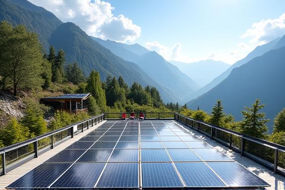 Dachterrasse des AlpinResort Verde mit Solaranlagen und Blick auf die Berge bei Tag