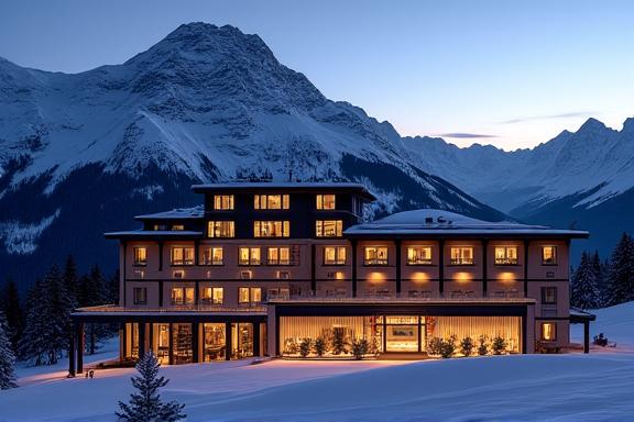 Modernes Boutique Hotel 'Gipfelruh' in Zermatt bei Dämmerung mit imposanter Bergkulisse
