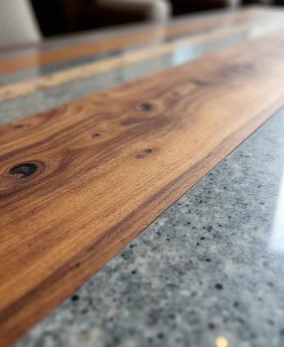 Detailaufnahme von nachhaltigen Baumaterialien wie Altholz und Naturstein in einer Hotellobby in den Schweizer Alpen
